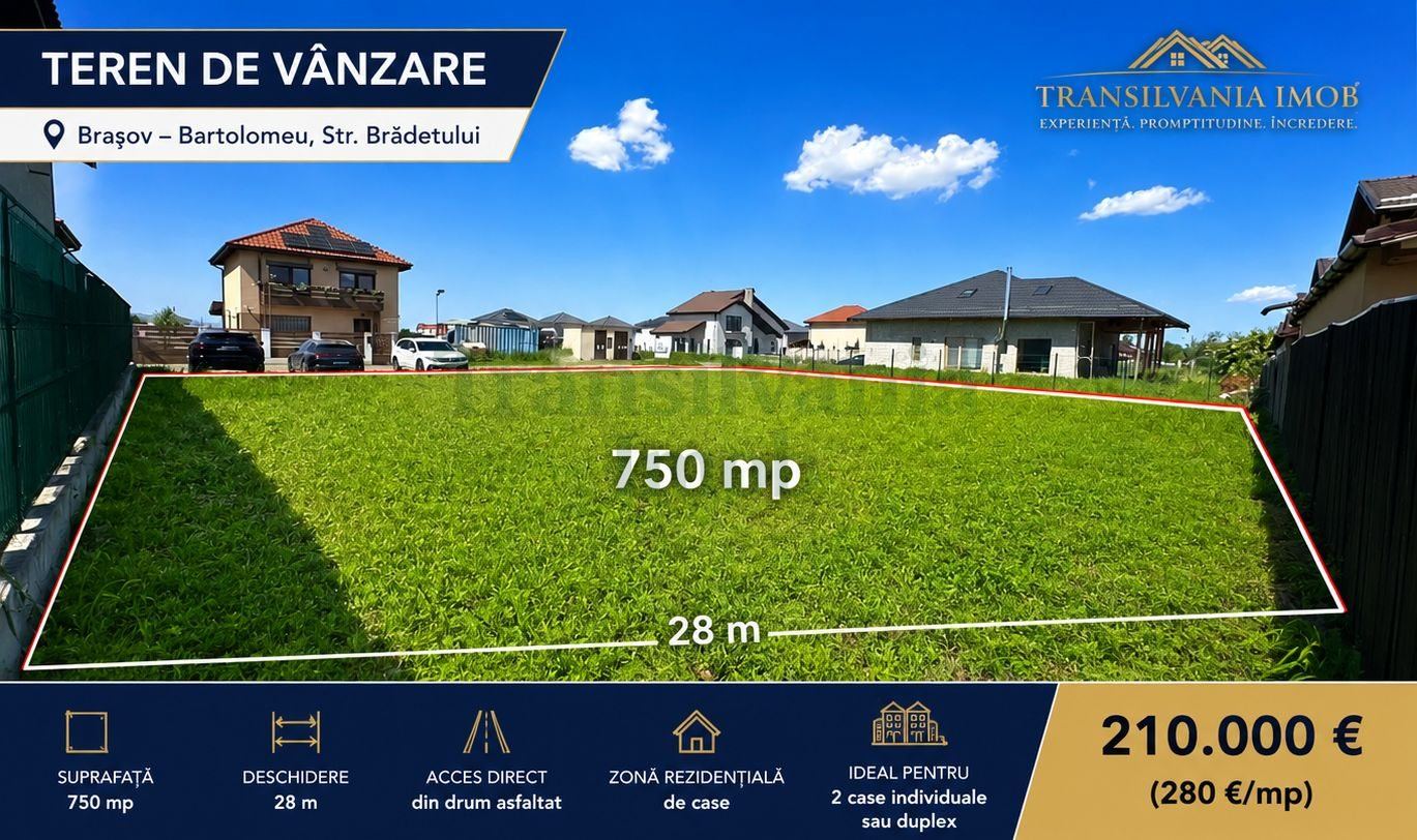Teren 750 mp Bartolomeu – Deschidere 28 m, Ideal Duplex sau 2 Case